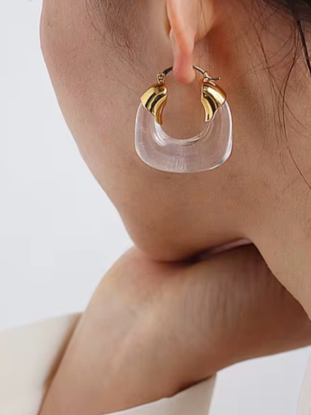 Gold and Clear Resin Hoop Earrings - Women's Fashion Jewelry